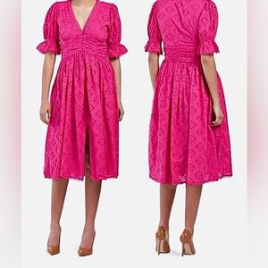 House Of Harlow 1960 100% Cotton Eyelet Puff Sleeve Button Front Midi Dress
